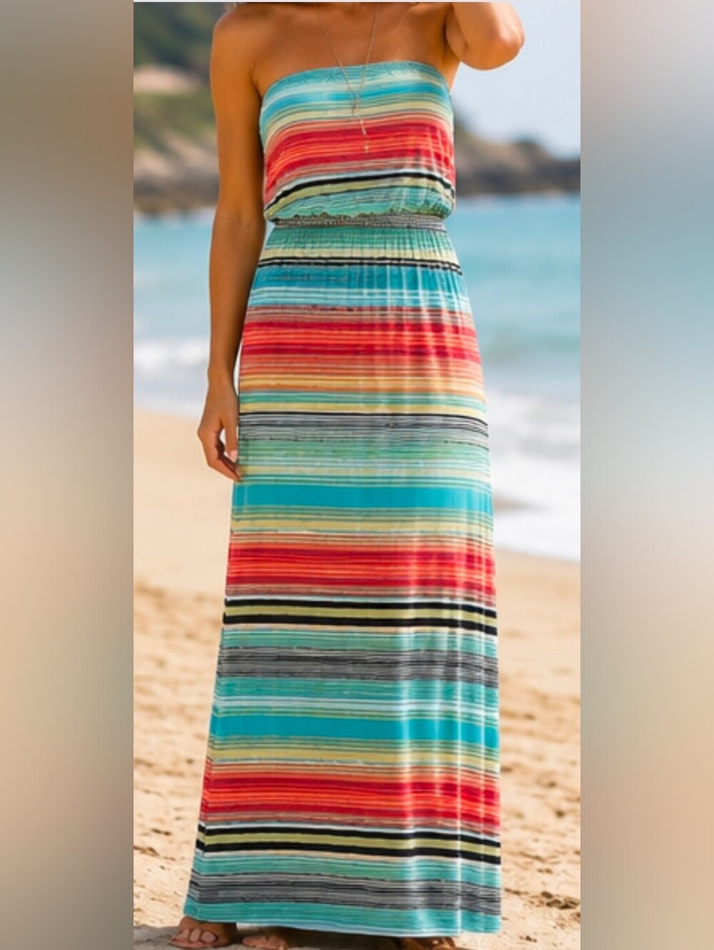 Cynthia Rowley Strapless Striped Maxi Dress L Colorful Beach Vacation Boho
